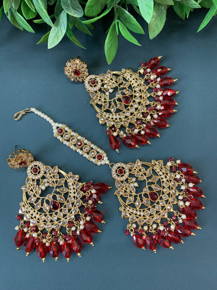 Bulbul polki statement earring tikka set antique gold/ crystal red/ blood red