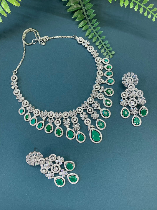 Briyana American diamond necklace set with emerald green details