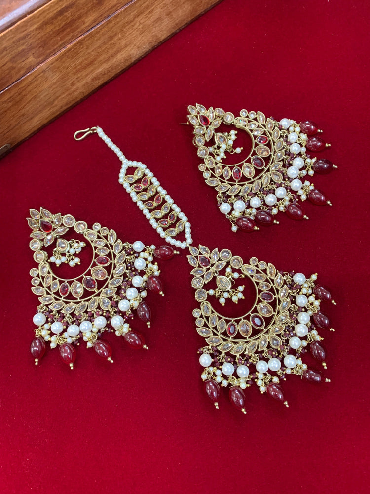 Ramsey reverse polki chandbali earring Tikka maroon red burgundy