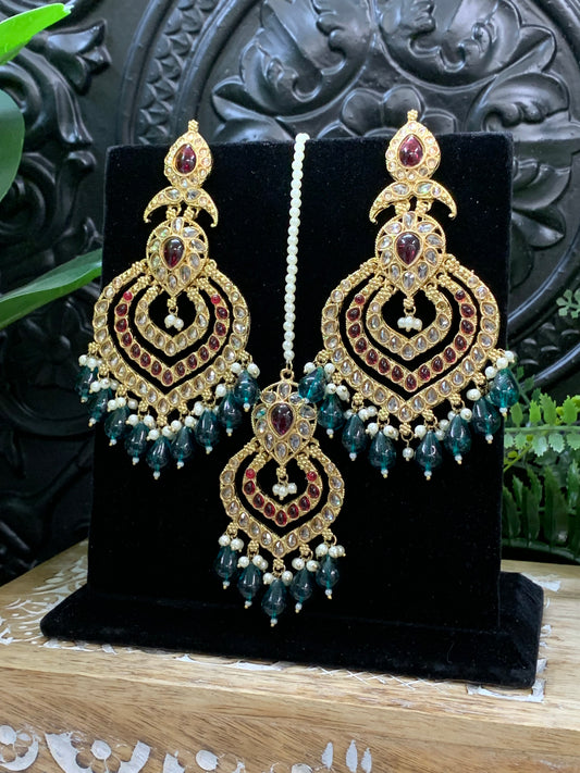 Tara polki Chandbali earring with matching tikka green red multi