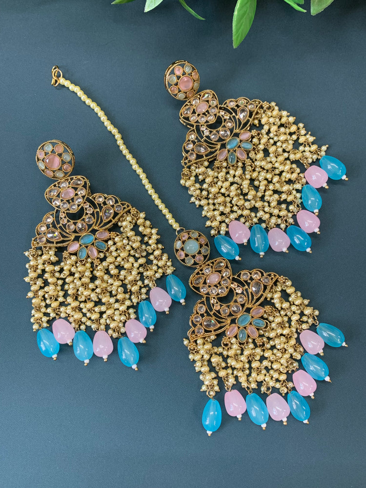 Cara statement polki earring tikka set pearl details and pink blue multi