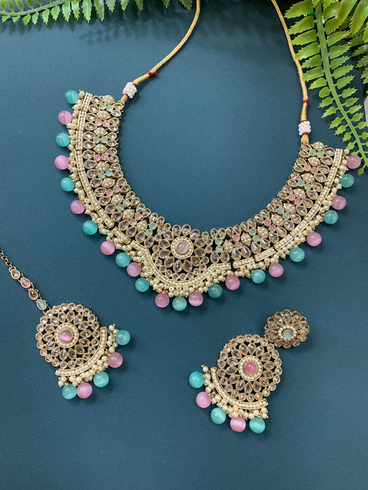 Boruna polki necklace with chandbali in pastel multi