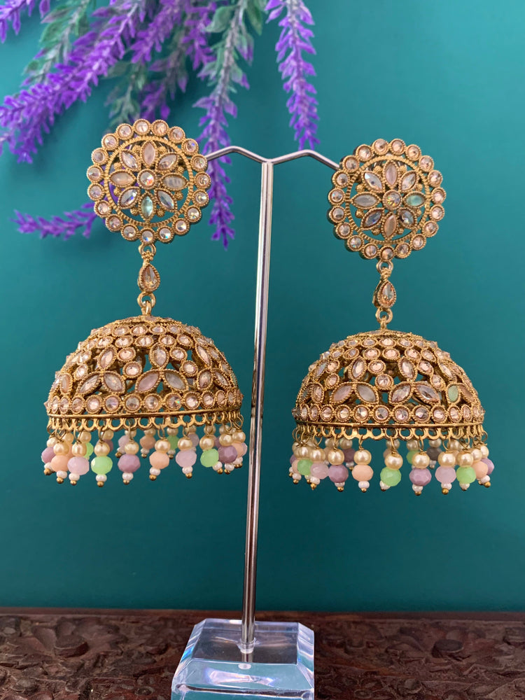 Rashi polki statement jhumki earring antique polki/ white pearl /pastel multi