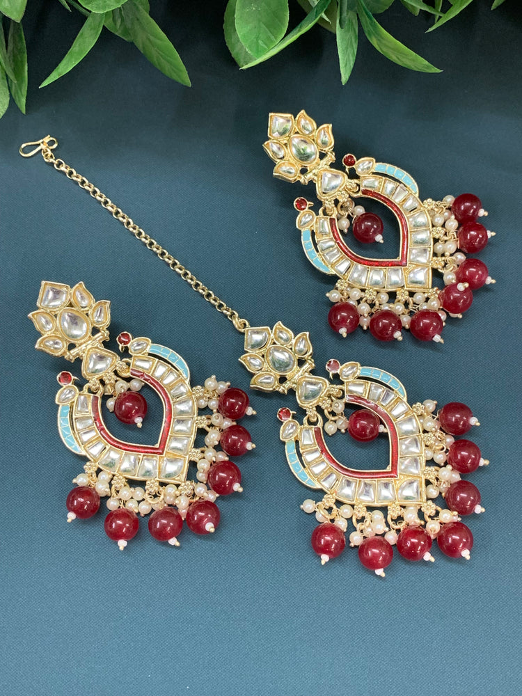 Amber kundan light weight earring tikka set red