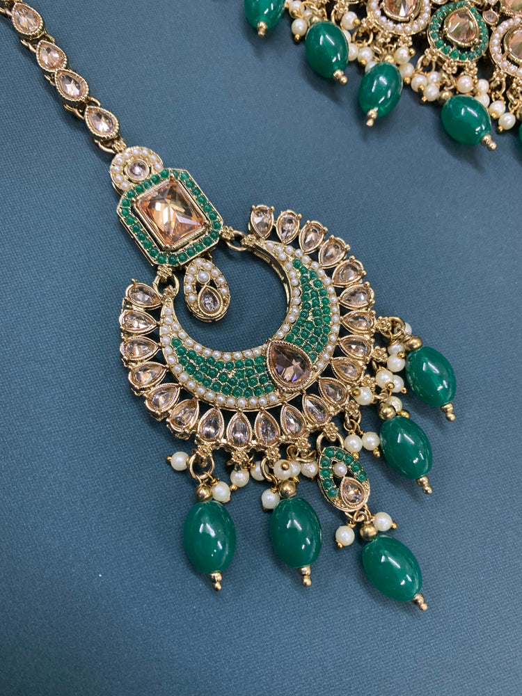 Reagan polki necklace set with matching Chandbali and tikka set gold/white/pearl/ emerald green