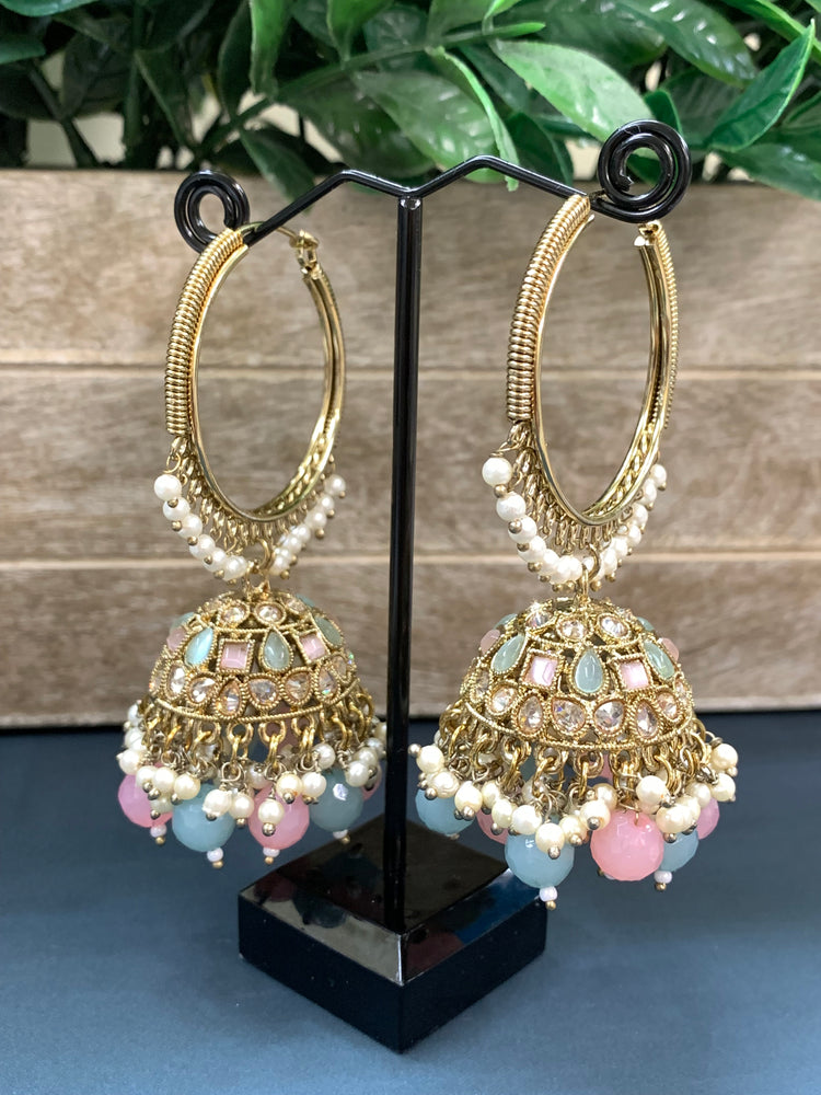 Shabana polki bali hoop jhumki/jhumka mint pink multi