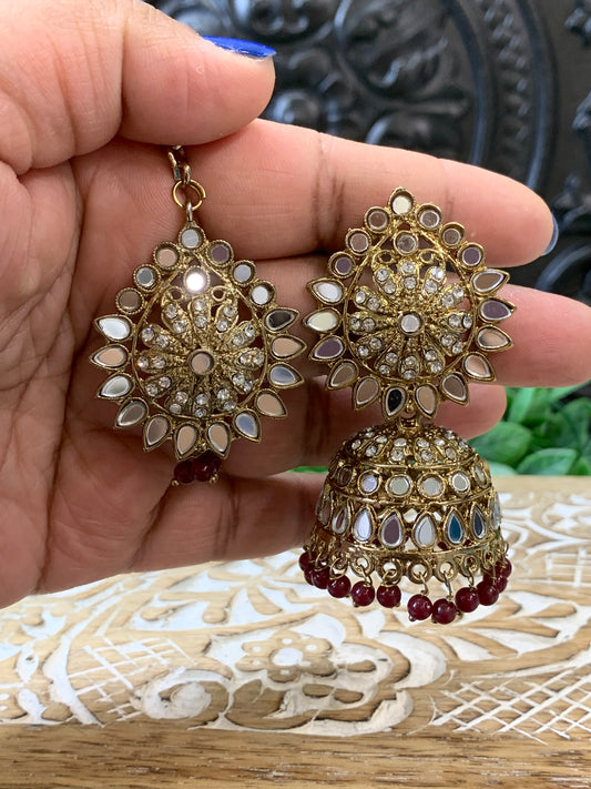 Dana mirror jhumki tikka antique gold and maroon / burgundy