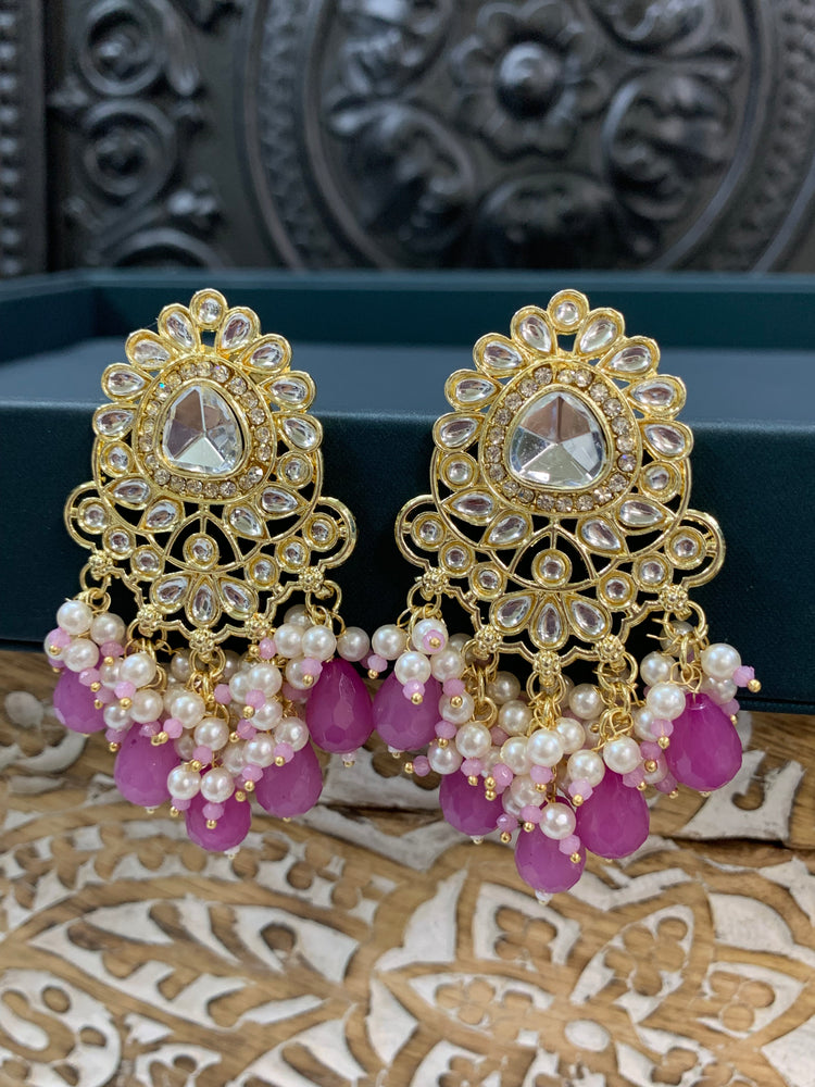 Joel gold kundan stud earring with white pearl and mauvish magenta crystal