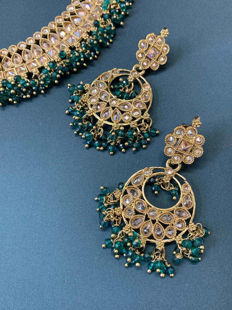 Rashmeet polki necklace with matching earring tikka antique gold teal green