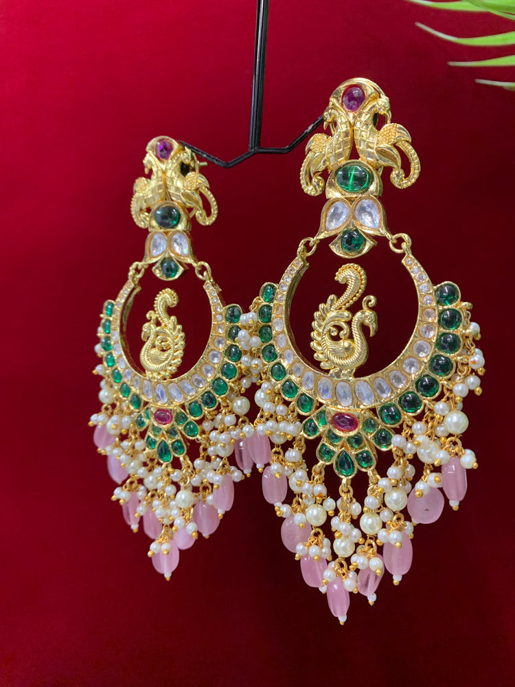 Ava Kundan chandbali earring multi with pink glass drops