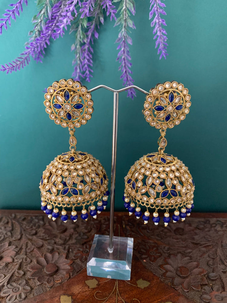 Rashi polki statement jhumki earring antique polki/ white pearl/navy blue