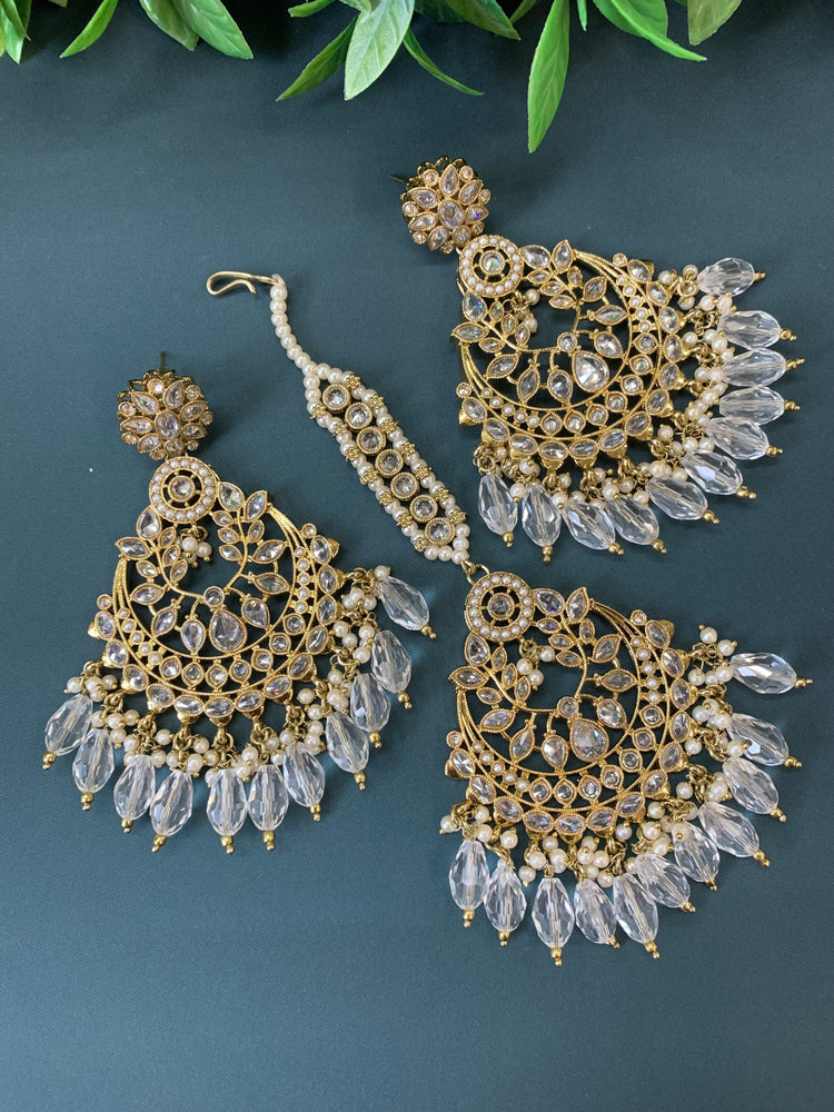 Bulbul polki statement earring tikka set antique gold/white crystal