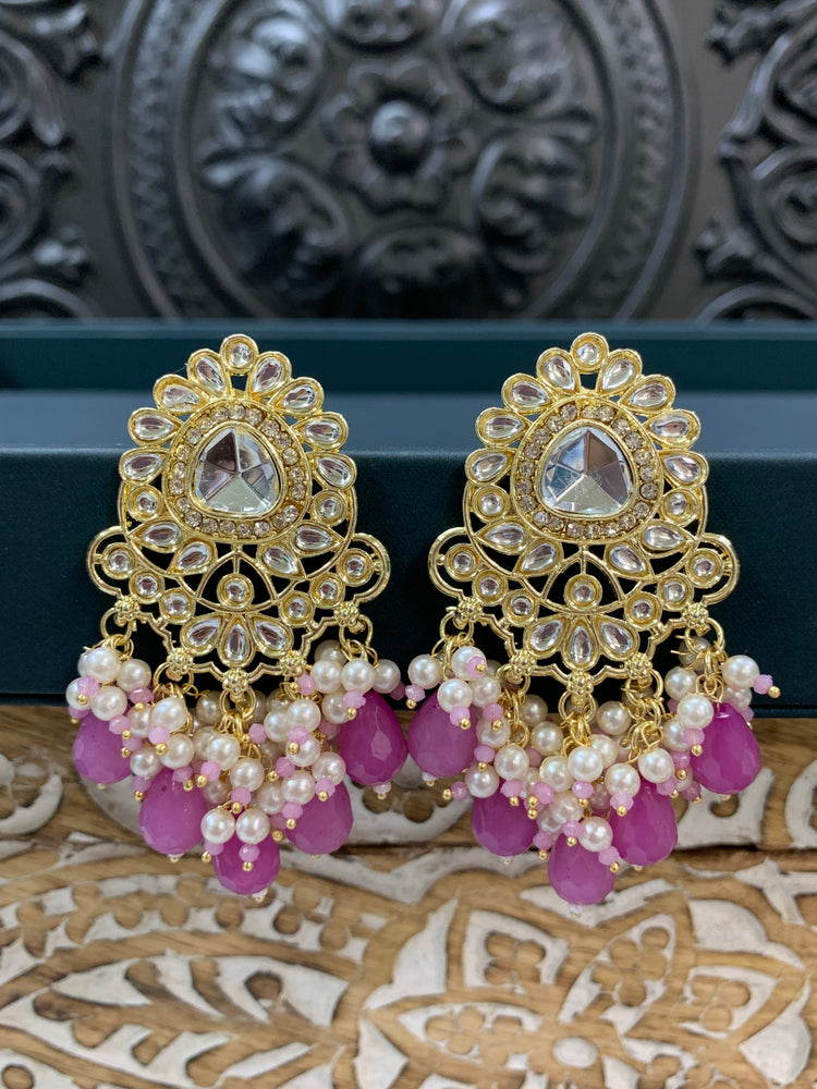 Joel gold kundan stud earring with white pearl and mauvish magenta crystal