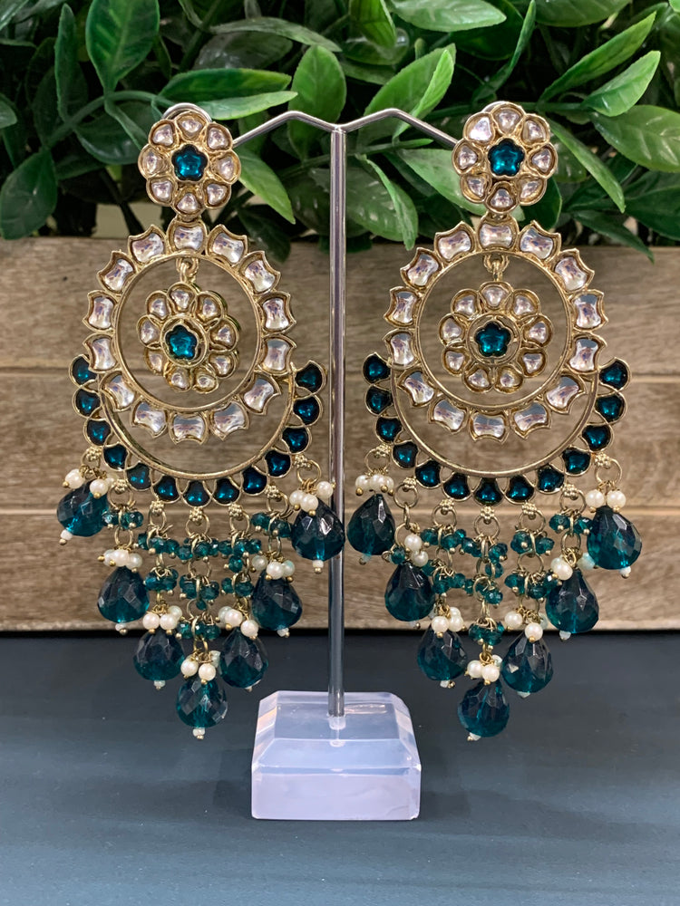 Barnavi Kundan earring peacock teal green crystal drops