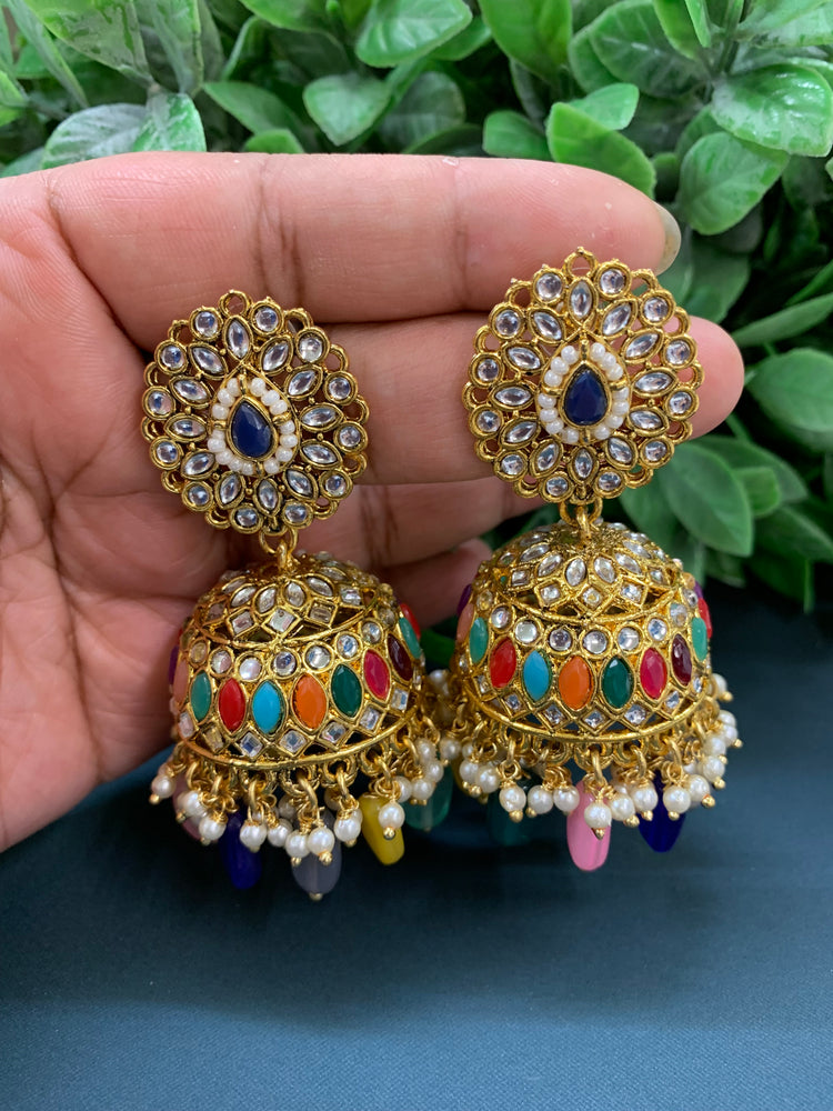 Priya gold plated kundan jhumki earring and tikka multi