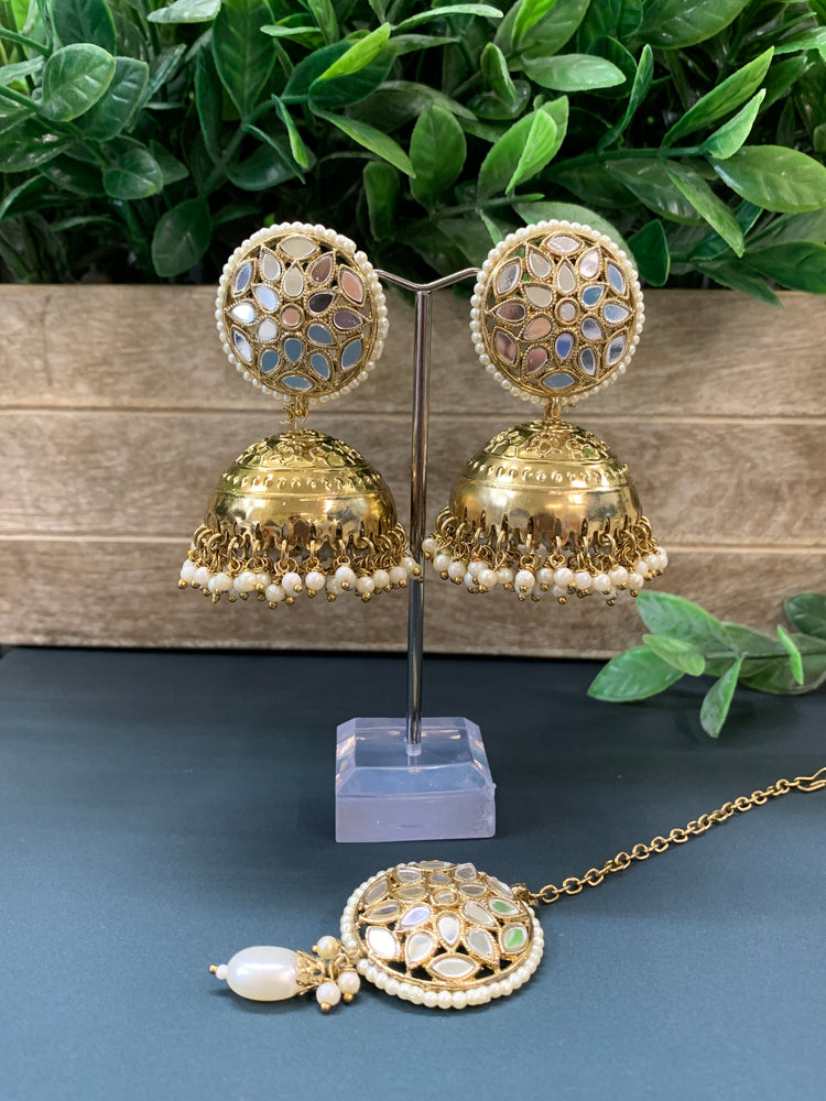 Kerry mirror jhumki tikka antique gold pearl