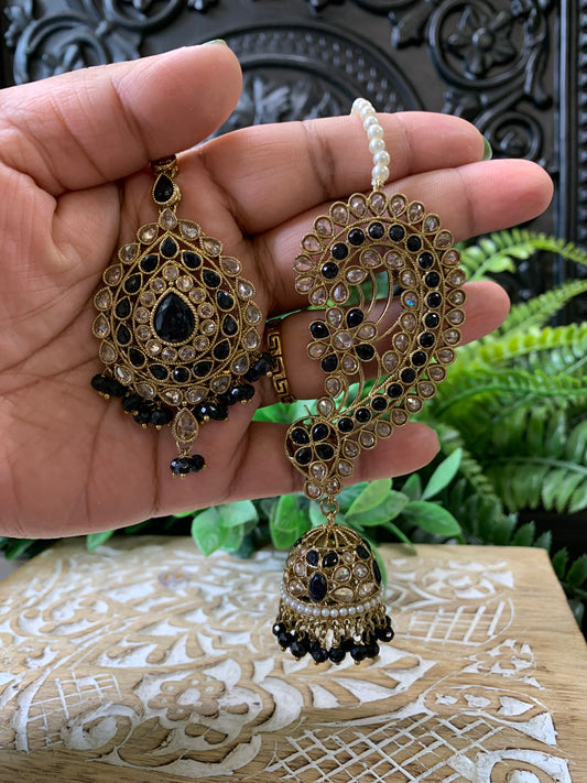 Jacklyn over the ear earring tikka jhumki sahare set black