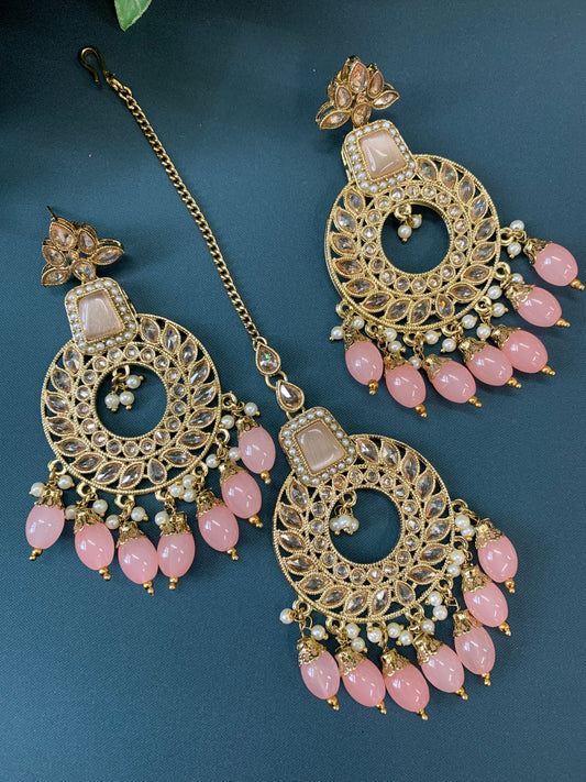 Alira tikka set polki earring tikka set grapefruit pink