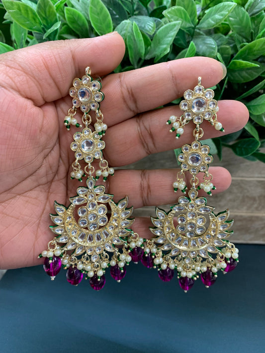 Aru kundan long statement earring magenta pink