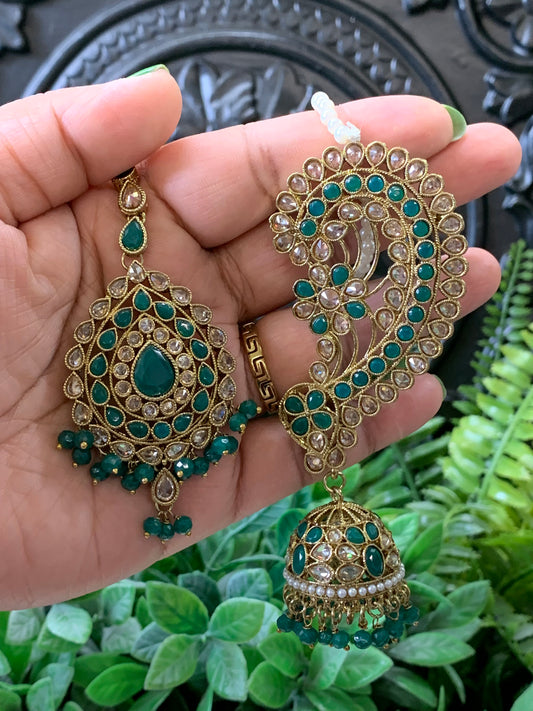 Jacklyn over the ear earring tikka jhumki sahare set emerald green