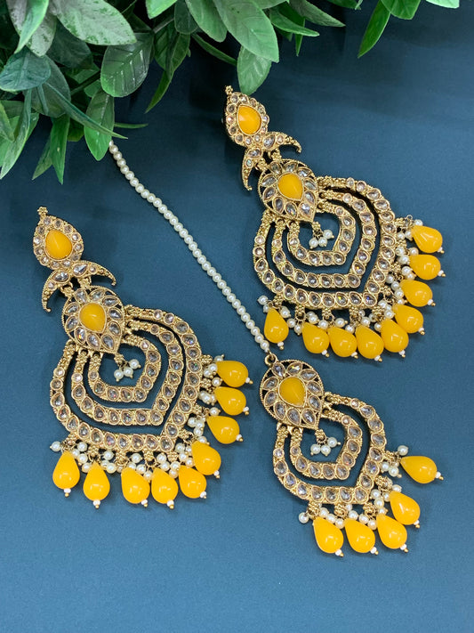 Tara polki Chandbali earring with matching tikka mustard yellow