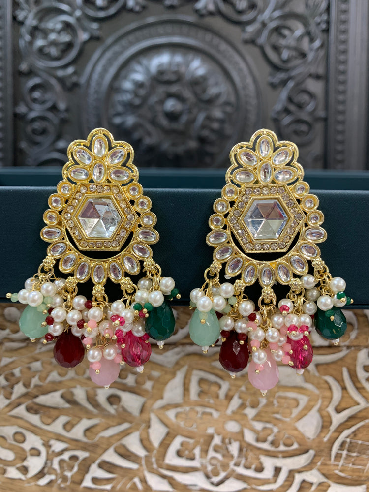 Jill gold kundan stud earring with crystal drops multi