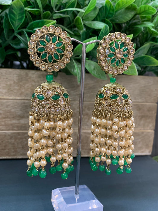 Mohua polki statement jhumki earring antique polki/emerald green/pearl