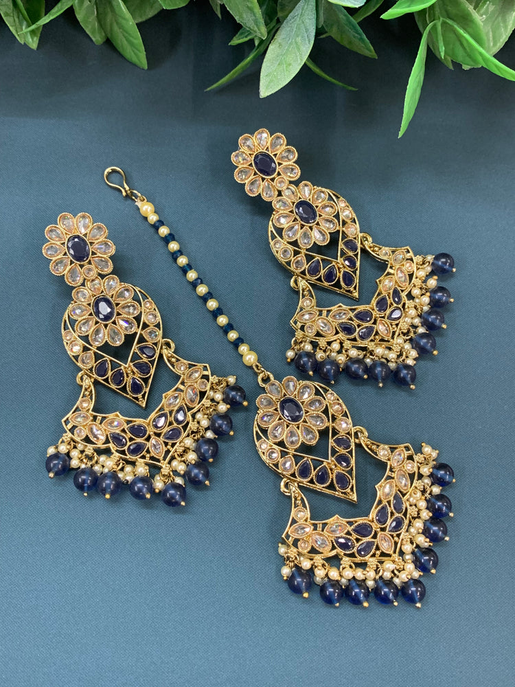 Max tikka set polki earring tikka antique gold / pearl /navy blue/royal blue