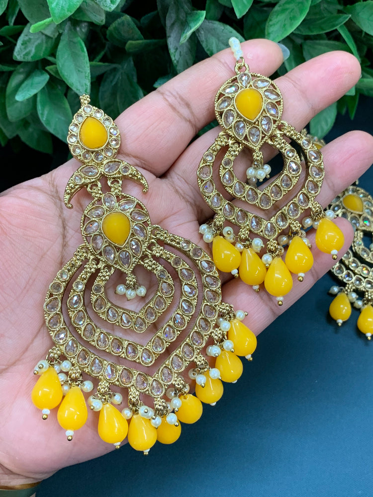 Tara polki Chandbali earring with matching tikka mustard yellow