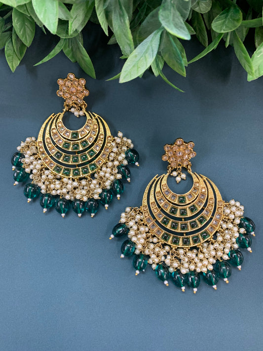 Bloom polki chandbali earring antique/ emerald green