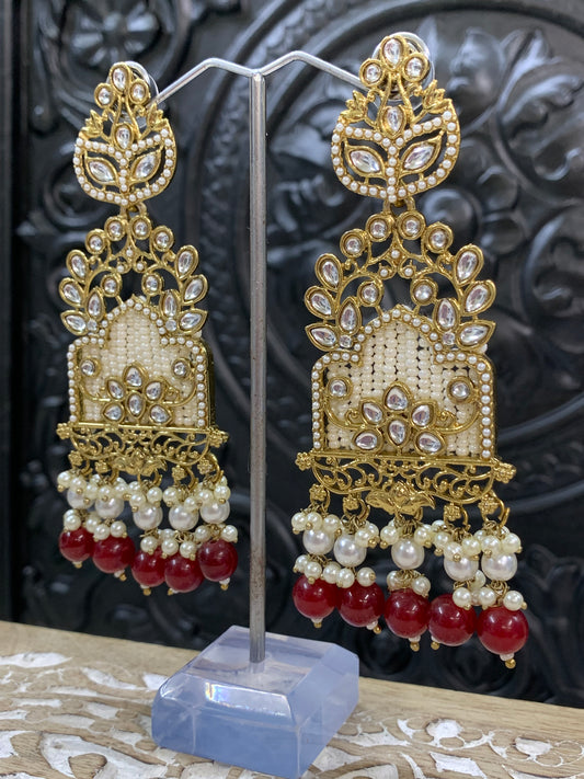 Alexa kundan statement earring white/gold/pearl/maroon burgundy red