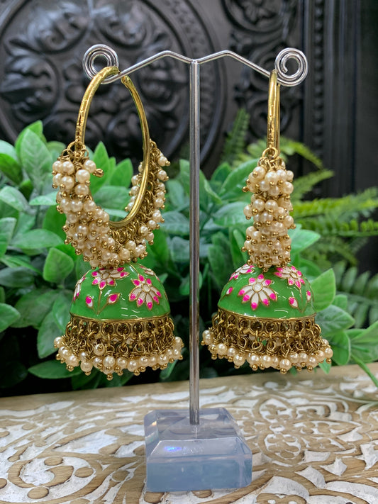 Blossom hoop Bali jhumki with pearl green