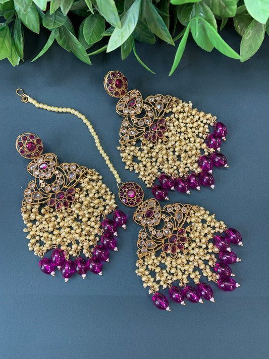 Cara statement polki earring tikka set pearl details and purple