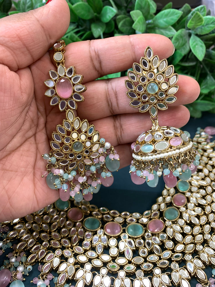 Leena mirror necklacr  set with matching jhunki and tikka pastel multi