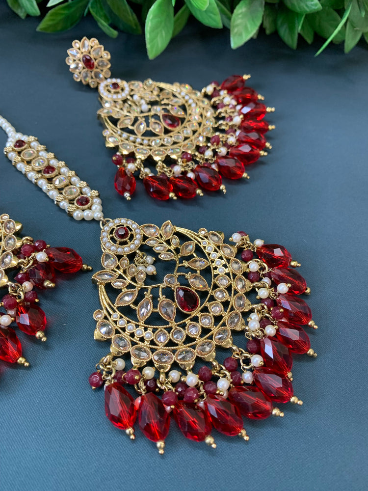 Bulbul polki statement earring tikka set antique gold/ crystal red/ blood red