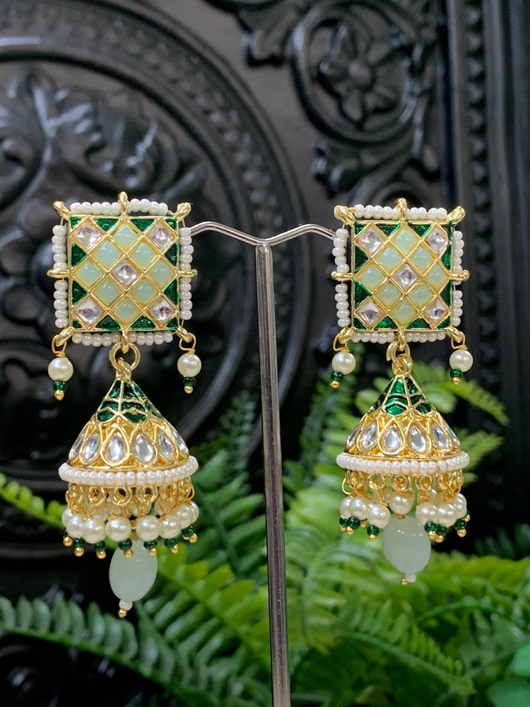 Saru kundan jhumki everyday wear small lightweight mint/ pistachio