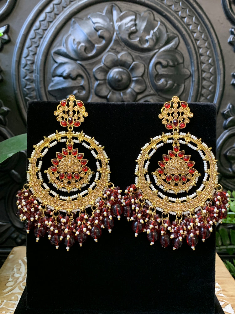 Laila Chandbali fashion statement earring gold base, maroon drops