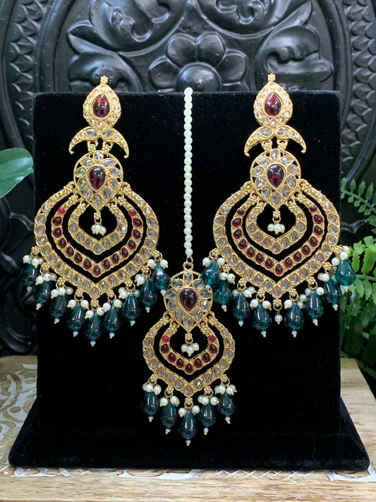 Tara polki Chandbali earring with matching tikka green red multi