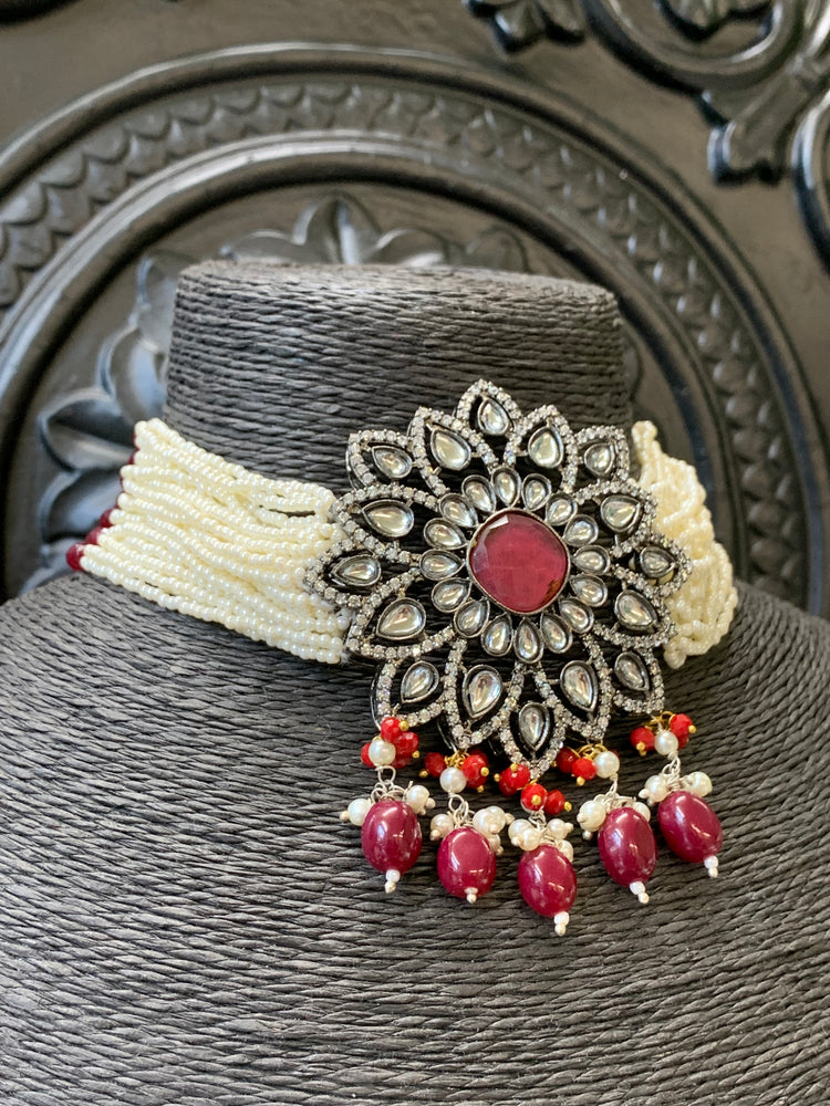 Preeto kundan choker necklace with matching studs red maroon burgundy