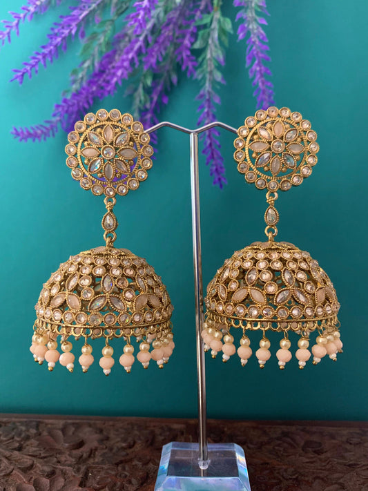 Rashi polki statement jhumki earring antique polki/ white pearl /nude peach