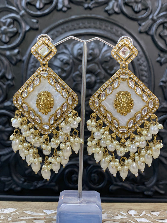 Amaya statement sabyasachi fashion earring tiger detail white pearl gold