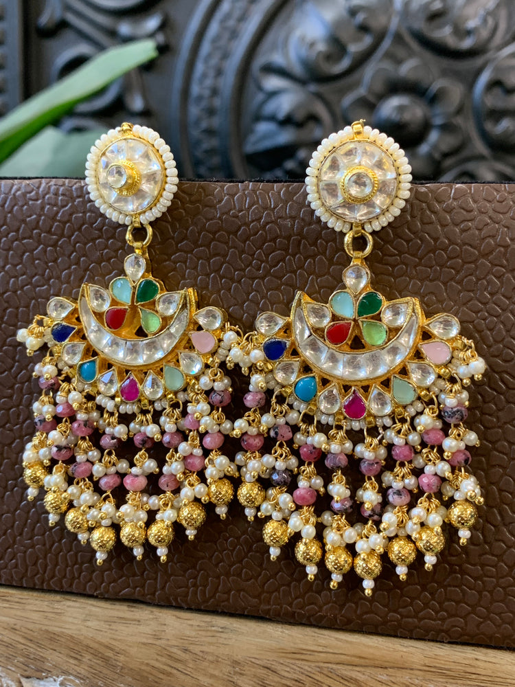 Leslie pachi Kundan chandbali earring small to medium size multi Navratan style