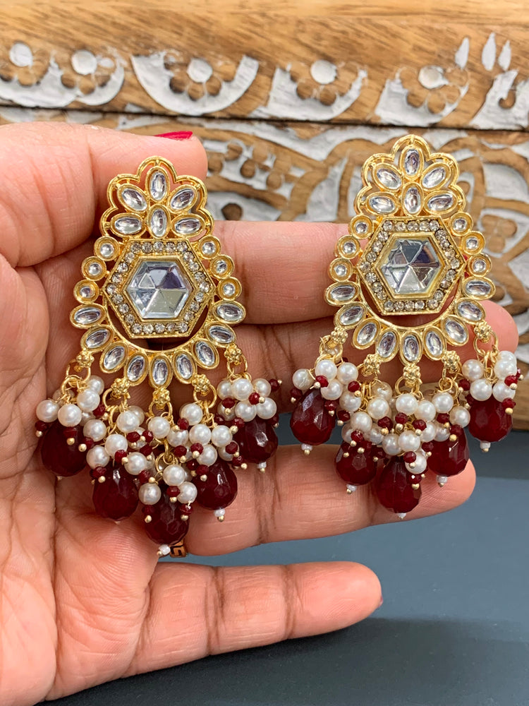 Jill gold kundan stud earring with crystal drops Maroon red burgundy