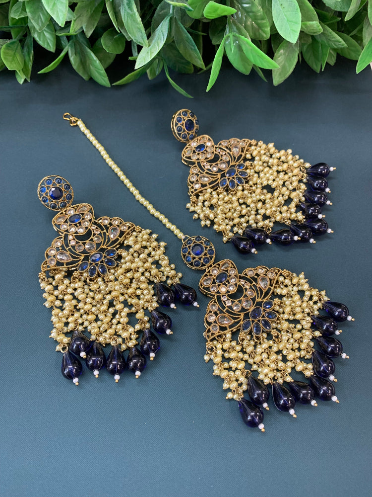 Cara statement polki earring tikka set pearl details and navy blue