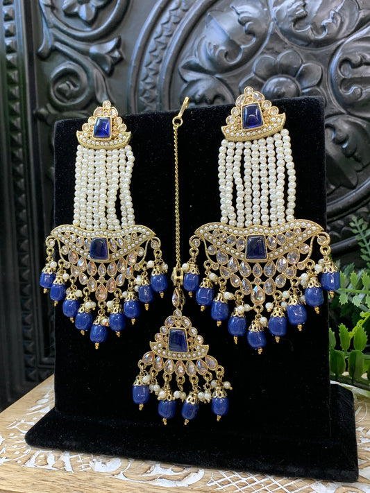 Toma polki earring jhumar style with matching tikka navy blue