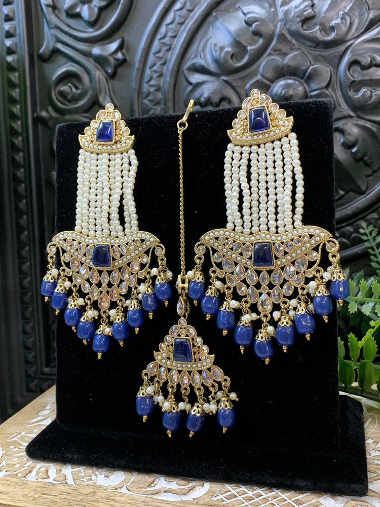 Toma polki earring jhumar style with matching tikka navy blue