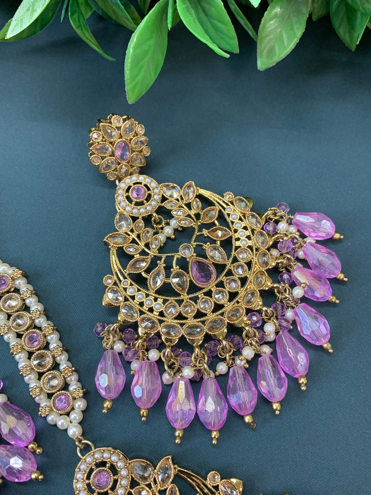 Bulbul polki statement earring tikka set antique gold/lavender / lilac