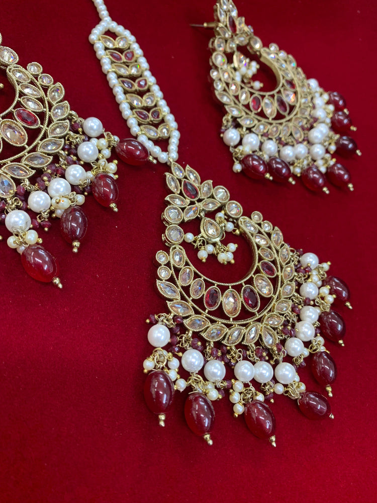 Ramsey reverse polki chandbali earring Tikka maroon red burgundy