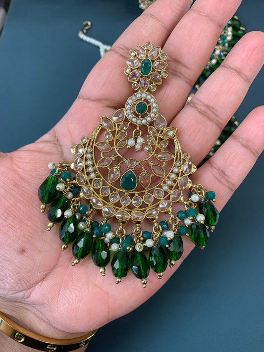 Bulbul polki statement earring tikka set antique gold/ crystal emerald green