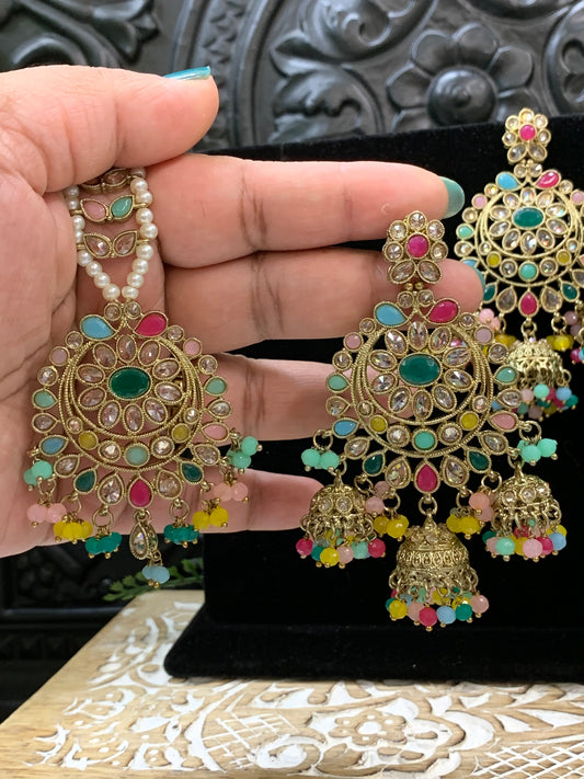 Kiana polki triple jhumki Chandbali style earring with matching tikka multi